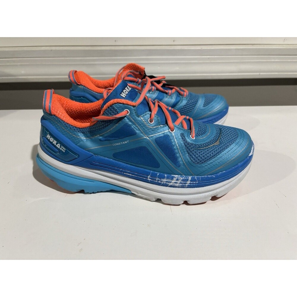 HOKA ONE ONE CONSTANT BLUE ATOLL/ NEON CORAL RUNNING SHOES US 9, No Insoles